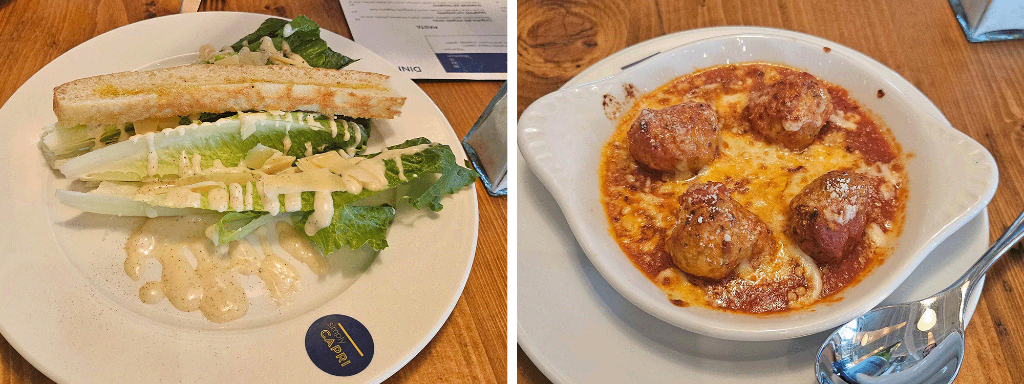 two images with caesar salad and meatballs in red sauce